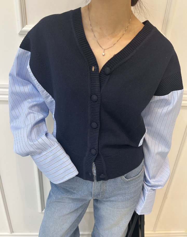 Pearls room - Korean Women Fashion - #womensfashion - Contrast Knit Cardigan - 2