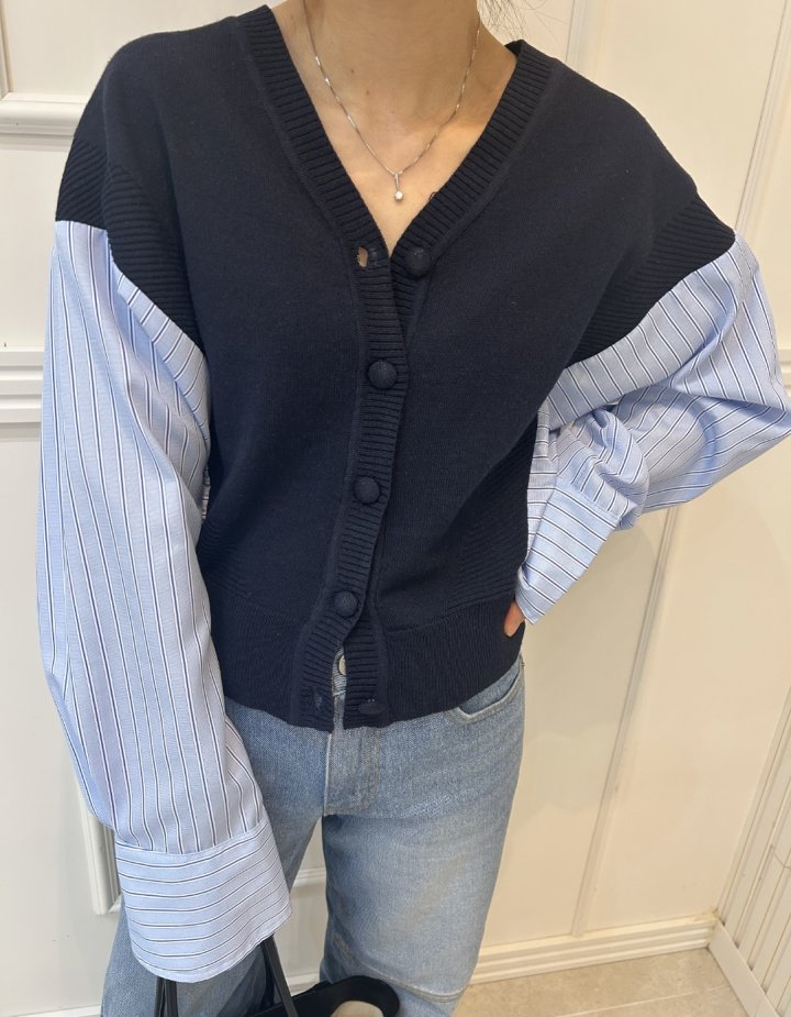 Pearls room - Korean Women Fashion - #momslook - Contrast Knit Cardigan - 4
