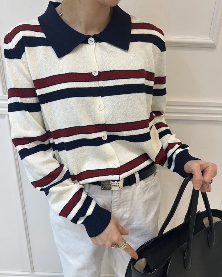 Pearls room - Korean Women Fashion - #womensfashion - Stripe Collar Knit Top - 3