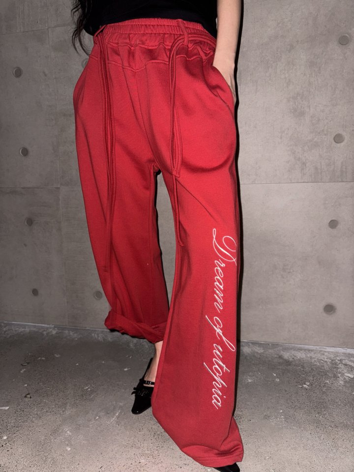 Rare Closet - Korean Women Fashion - #womensfashion - Lettering Embroidery Wide Pants - 4