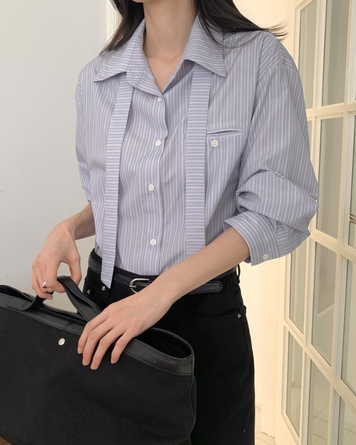 Something Else - Korean Women Fashion - #momslook - Ale Tie Stripe Shirt - 2