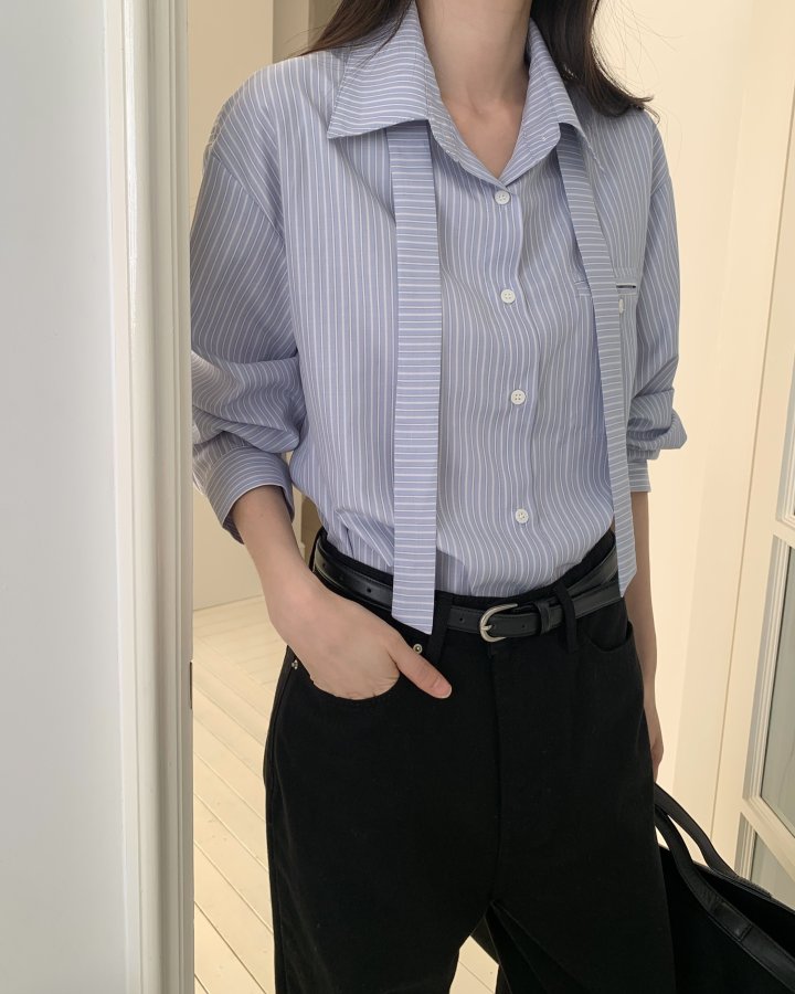 Something Else - Korean Women Fashion - #momslook - Ale Tie Stripe Shirt - 6