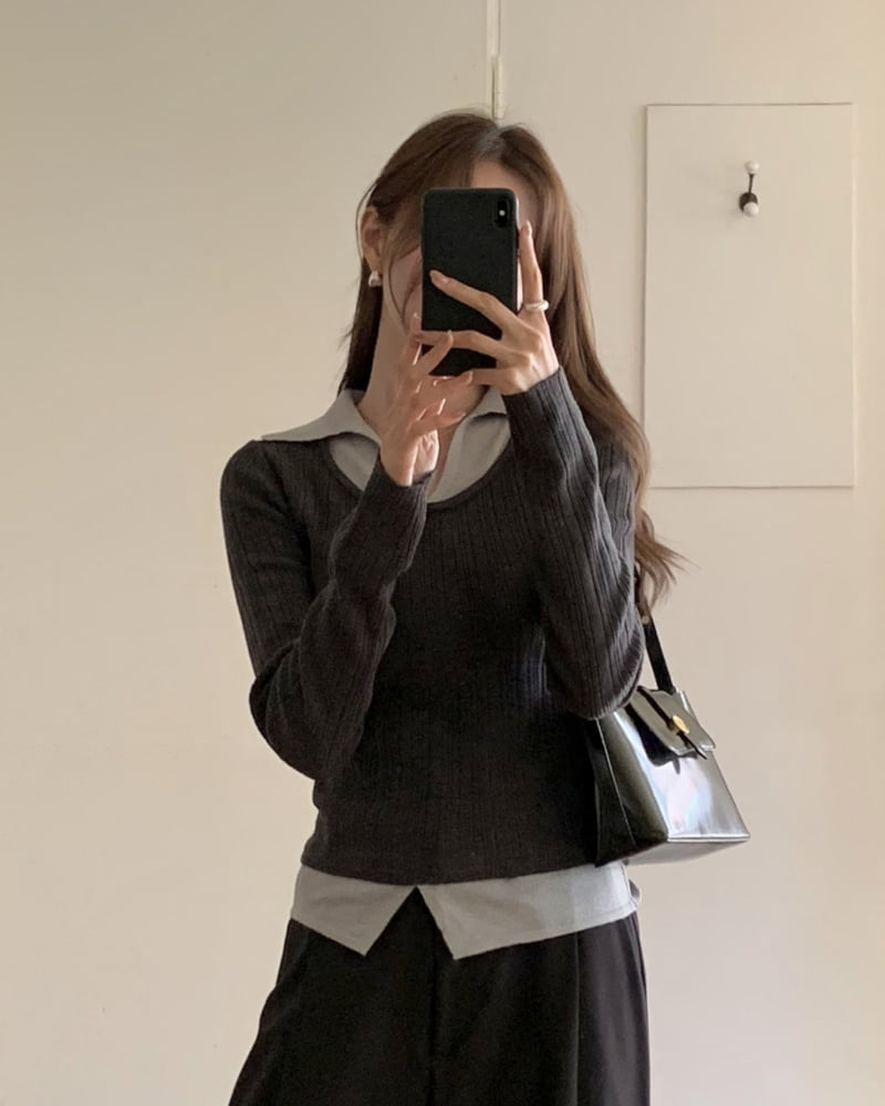 Something Else - Korean Women Fashion - #restrostyle - Merci Contrast Collar Knit - 6