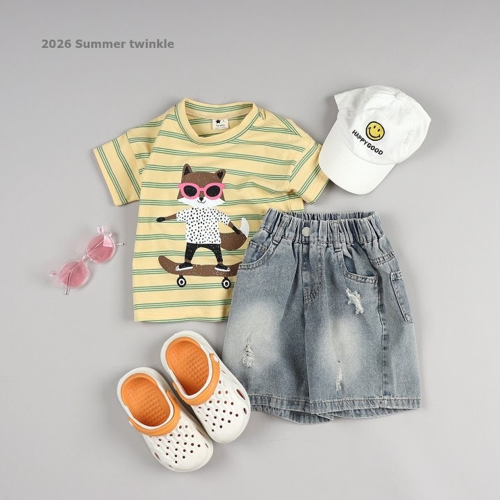 Twinkle - Korean Children Fashion - #kidsshorts - Striped Fox Tee - 3