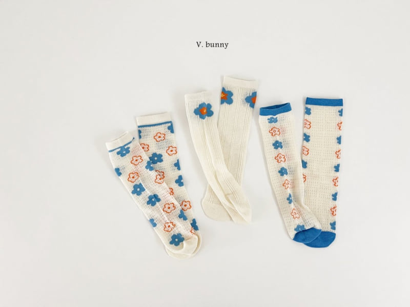 V Bunny - Korean Children Fashion - #designkidswear - Blue Flower Socks Set - 11