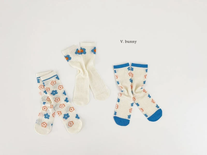 V Bunny - Korean Children Fashion - #kidsstore - Blue Flower Socks Set