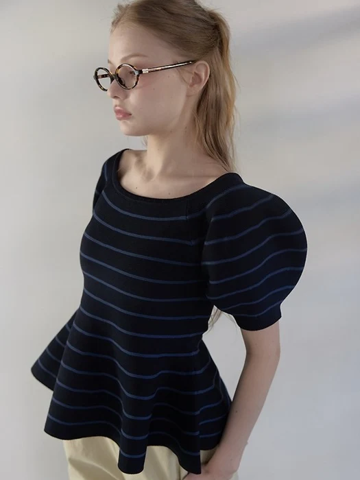 Striped Flare Puff Knit Top