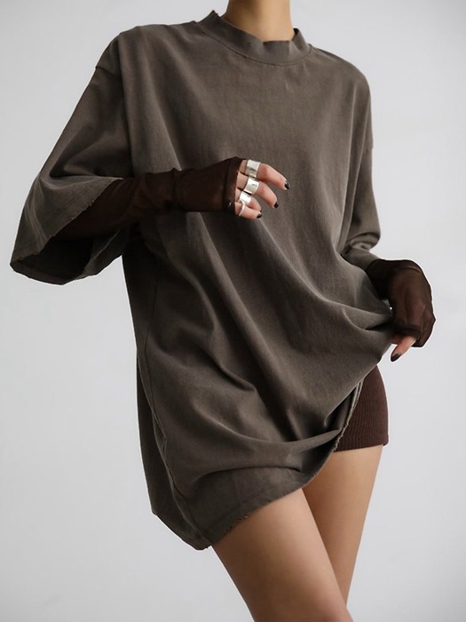 Mock Neck Ribbed Damage Detail Oversized Pigment Tee