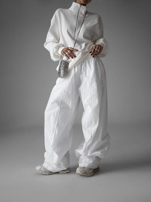 Nylon Drawstring Wide Twist Pattern Trousers