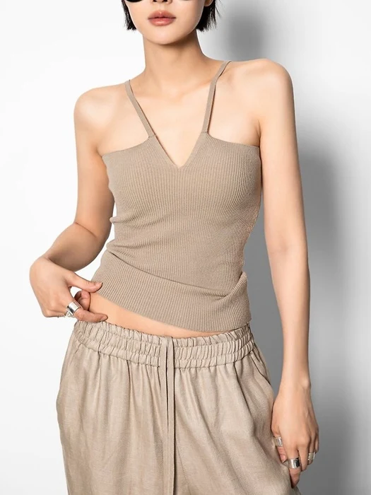 V – Line Strap Ribbed Knit Sleeveless Top