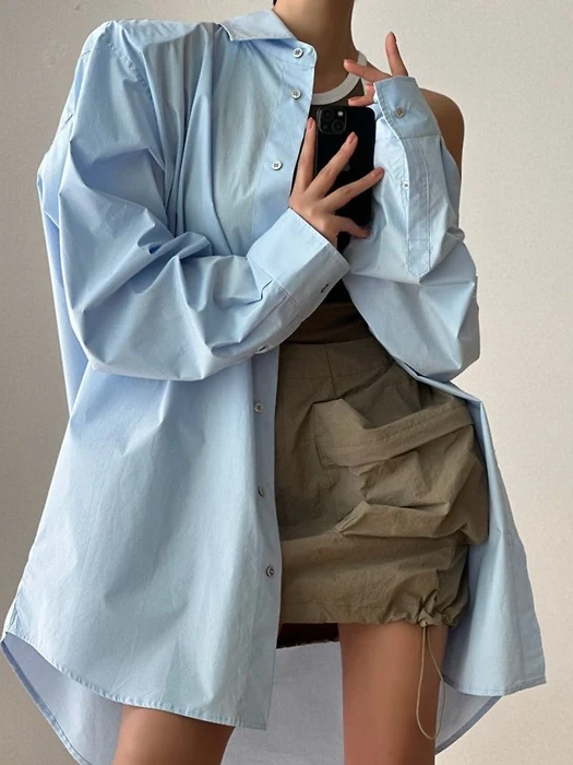 Maxi Oversized Padded Shoulder Cotton Button Down Shirt Maxi Oversized Padded Shoulder Cotton Button Down Shirt