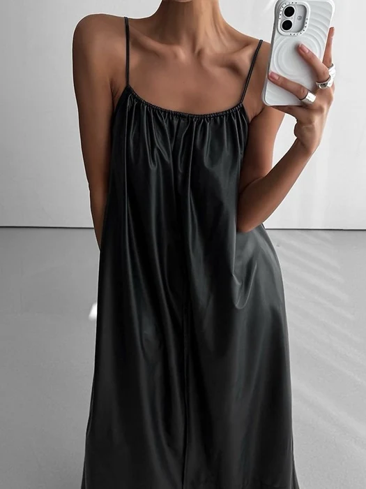 Vegan Strap Shirred Maxi Dress