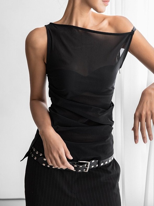 Side Shirred Detail Mesh Sleeveless Top Side Shirred Detail Mesh Sleeveless Top