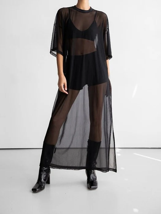 Oversized Mesh Sheer One Slit Dress