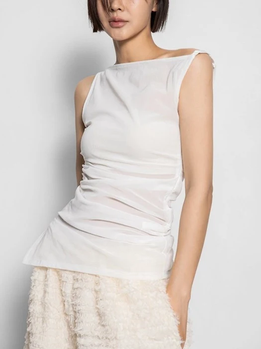 Side Shirred Detail Mesh Sleeveless Top