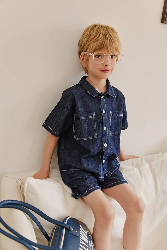 Apple Smile - Korean Children Fashion - #kidsshorts - Indigo Shirt - 7