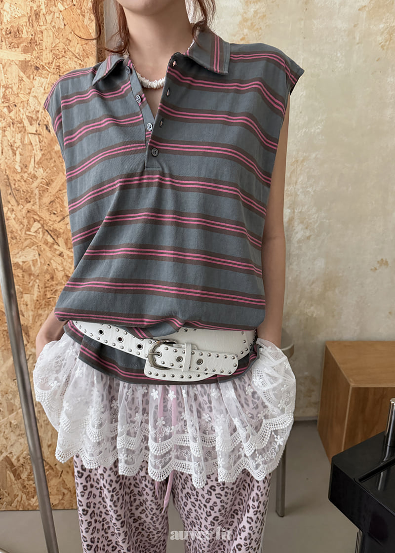Auver_Fit - Korean Women Fashion - #womensfashion - Multi-Stripe Collar Sleeveless Top - 4