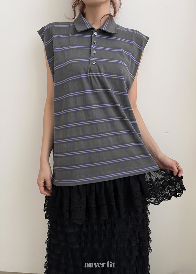Auver_Fit - Korean Women Fashion - #momslook - Multi-Stripe Collar Sleeveless Top - 9