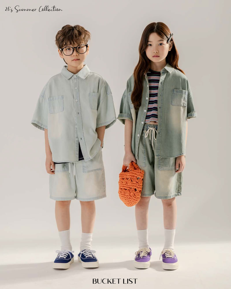 Bucket List - Korean Children Fashion - #kidsstore - Brush Denim Short Sleeve Shirt - 11