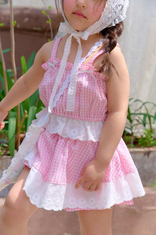 Chouchou Shasha - Korean Children Fashion - #childofig - Lace Check Frill Top - 7