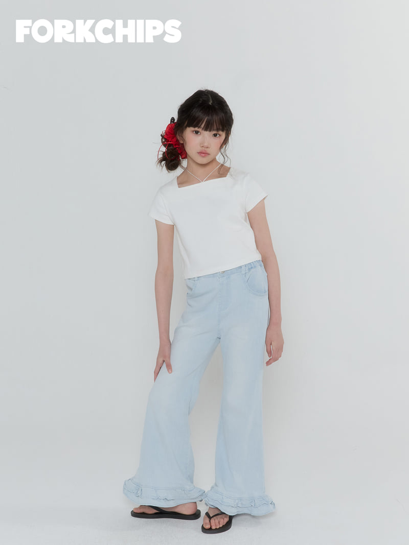 Fork Chips - Korean Children Fashion - #magicofchildhood - Rose Frill Denim Pants - 11