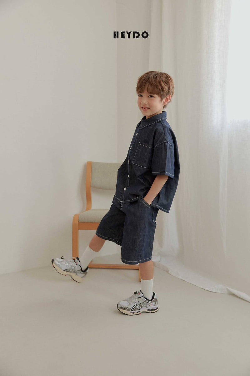 Heydo - Korean Children Fashion - #kidsshorts - Raw Denim Short Sleeve Shirt - 8