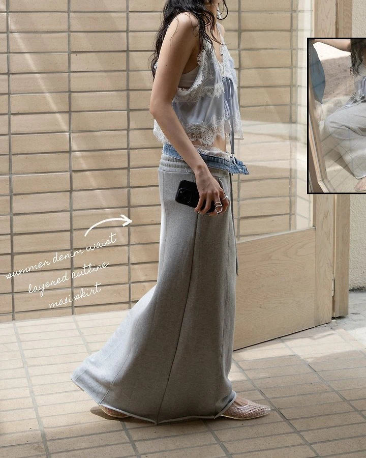 Inssense - Korean Women Fashion - #momslook - Summer Denim Waist Layered Cutline Maxi Skirt