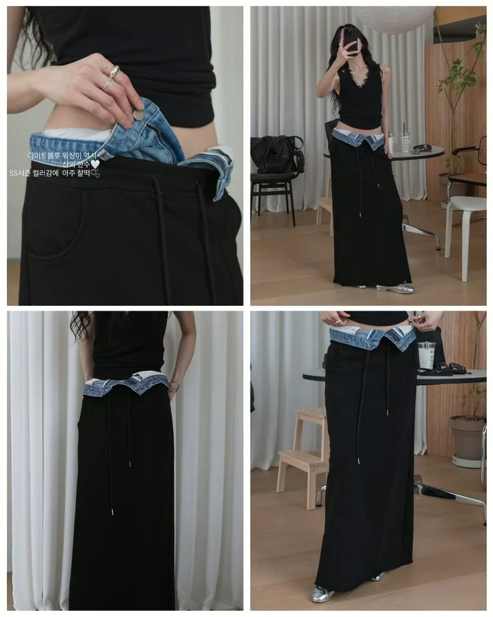 Inssense - Korean Women Fashion - #momslook - Summer Denim Waist Layered Cutline Maxi Skirt - 7