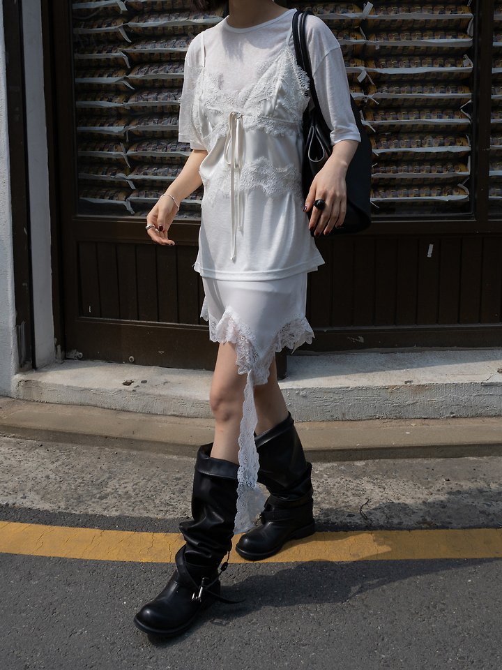 Inssense - Korean Women Fashion - #womensfashion - Asymmetrical Drop Lace Silky Mini Skirt - 4