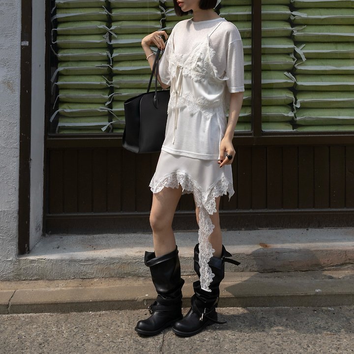 Inssense - Korean Women Fashion - #momslook - Asymmetrical Drop Lace Silky Mini Skirt - 6