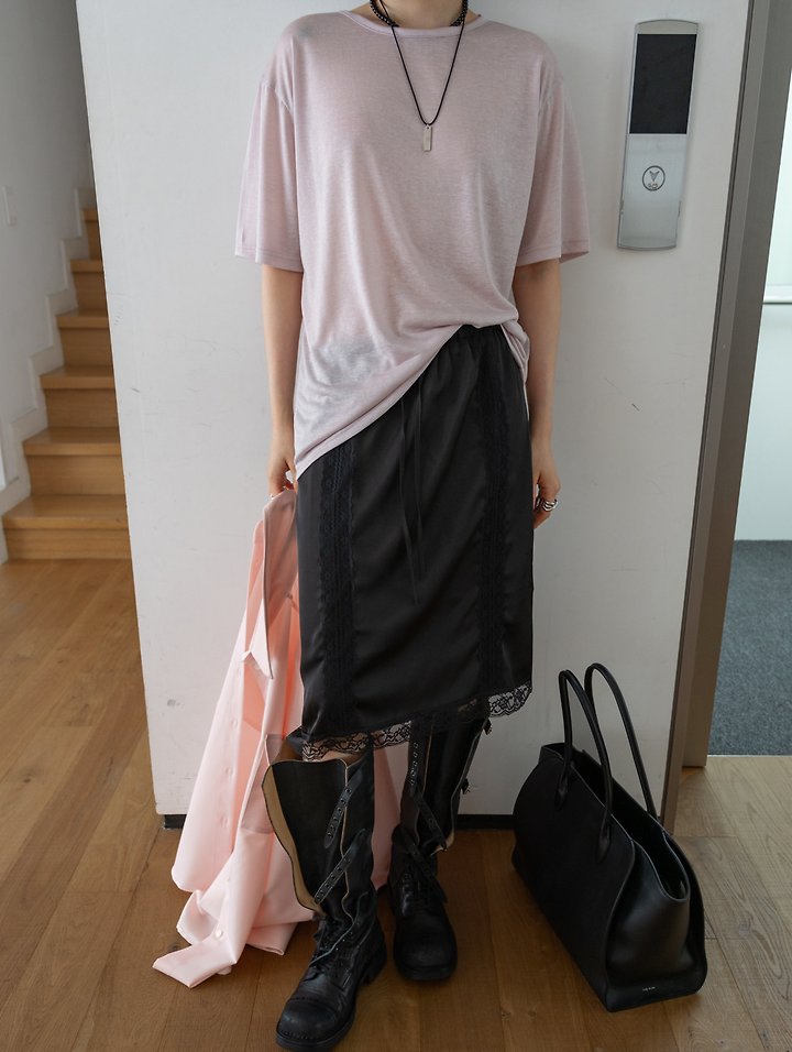 Inssense - Korean Women Fashion - #momslook - Silky Lace Trim Midi Skirt