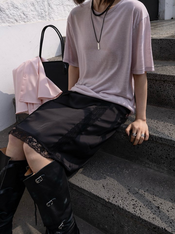 Inssense - Korean Women Fashion - #momslook - Silky Lace Trim Midi Skirt - 9