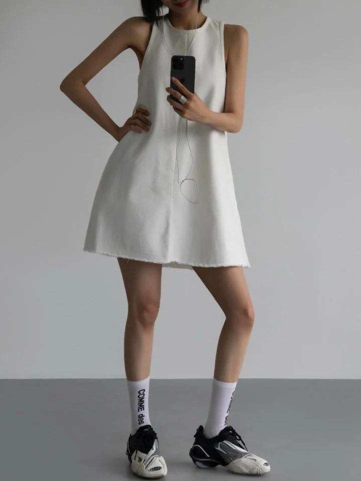 Inssense - Korean Women Fashion - #womensfashion - Fringe Detail White Denim Mini Dress (White) - 4