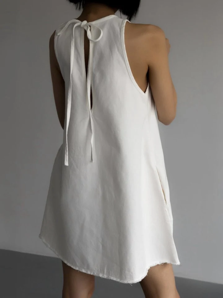 Inssense - Korean Women Fashion - #momslook - Fringe Detail White Denim Mini Dress (Indigo Blue)