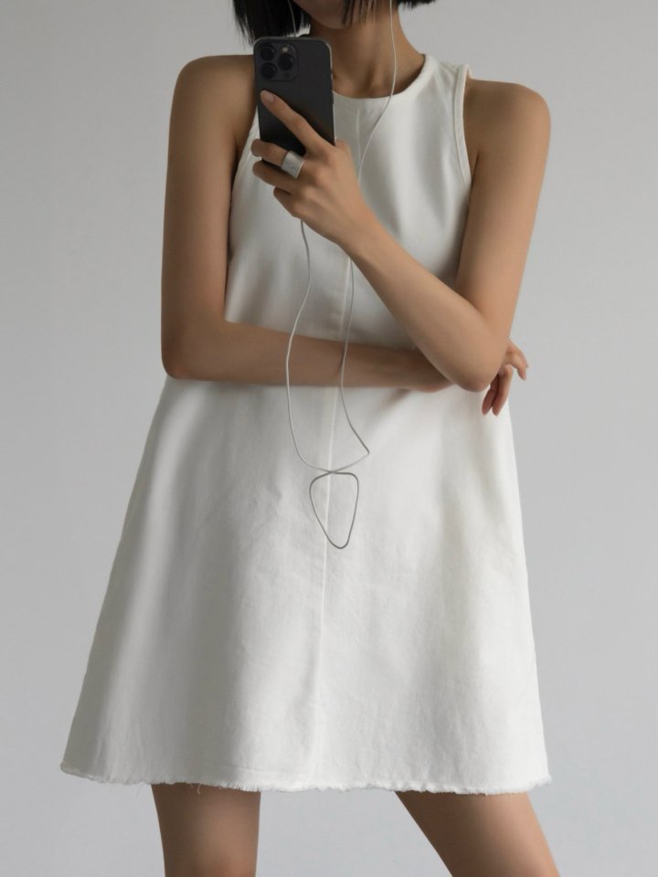 Inssense - Korean Women Fashion - #momslook - Fringe Detail White Denim Mini Dress (Indigo Blue) - 5