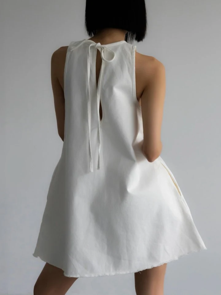 Inssense - Korean Women Fashion - #momslook - Fringe Detail White Denim Mini Dress (Indigo Blue) - 7