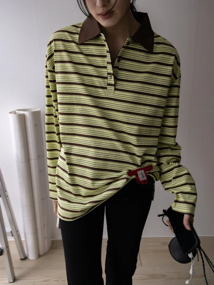 Inssense - Korean Women Fashion - #momslook - Shirt Collar Vintage Striped Polo Tee