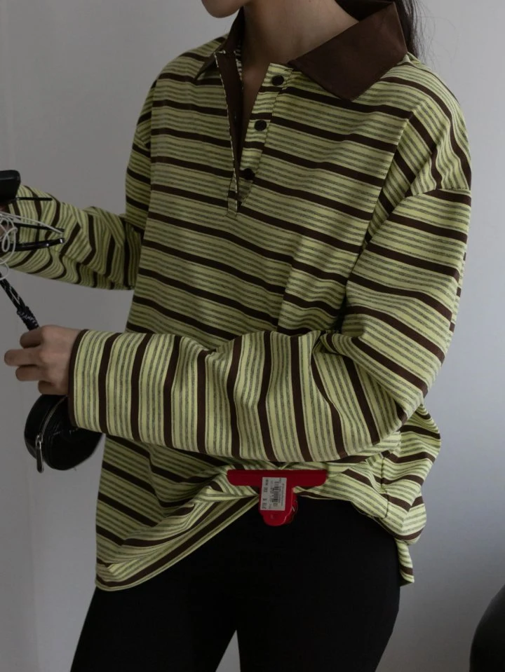 Inssense - Korean Women Fashion - #momslook - Shirt Collar Vintage Striped Polo Tee - 3