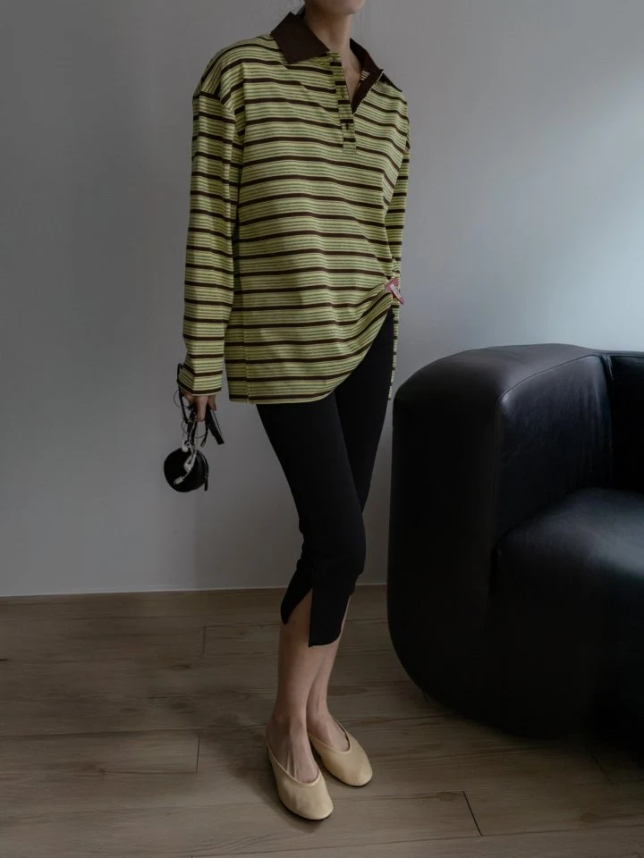 Inssense - Korean Women Fashion - #momslook - Shirt Collar Vintage Striped Polo Tee - 4