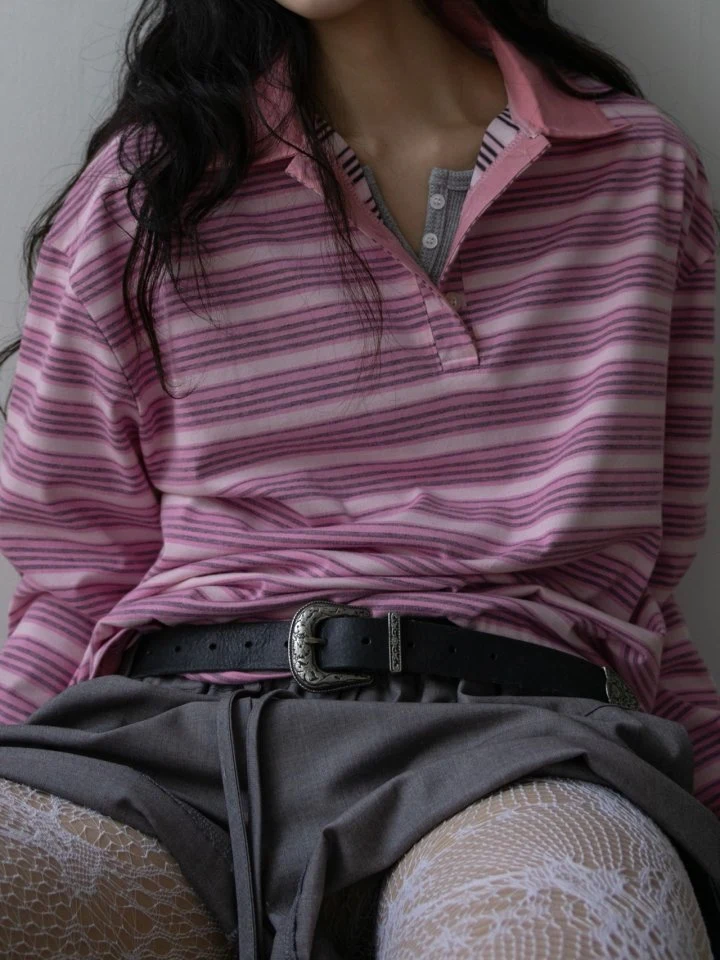 Inssense - Korean Women Fashion - #momslook - Shirt Collar Vintage Striped Polo Tee