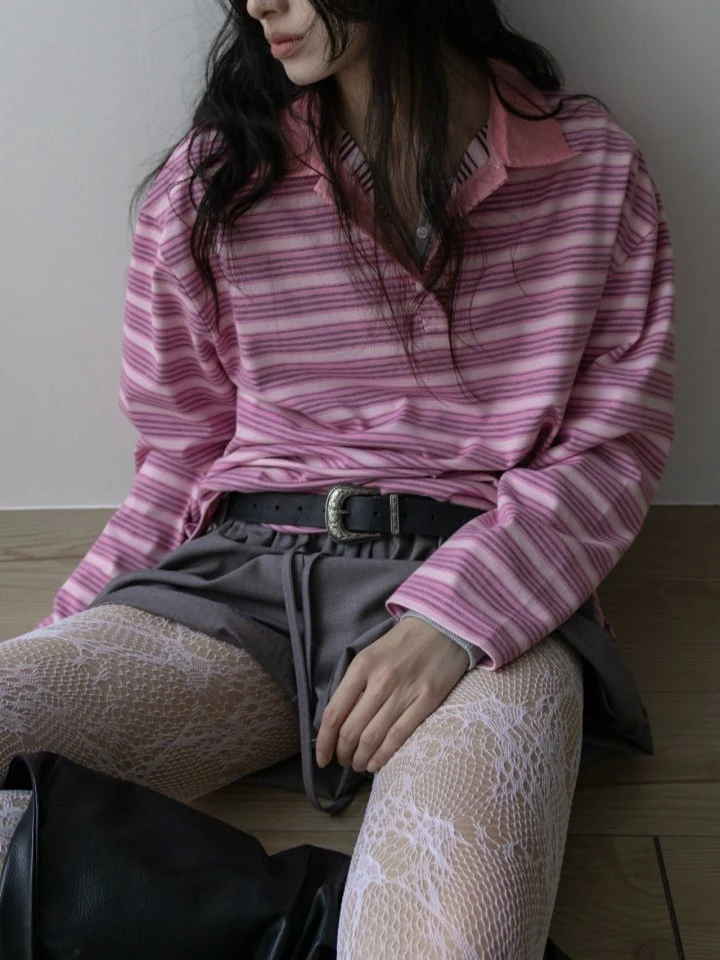 Inssense - Korean Women Fashion - #momslook - Shirt Collar Vintage Striped Polo Tee - 2