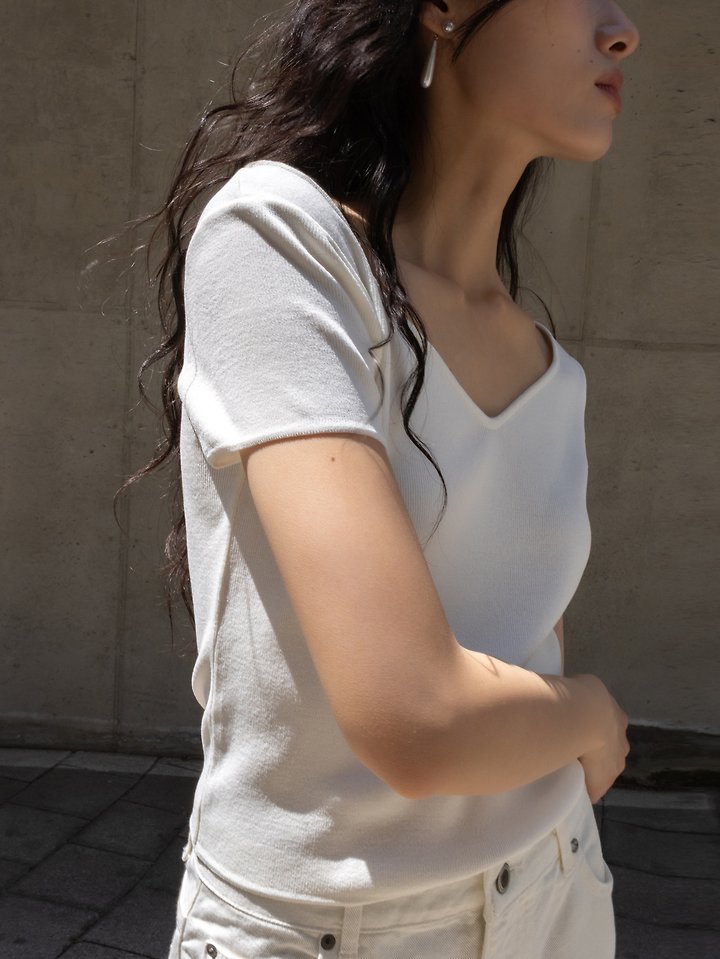 Inssense - Korean Women Fashion - #momslook - Love Neck Slim Knit Short Sleeve Top - 4