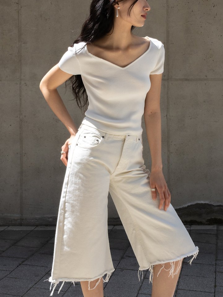 Inssense - Korean Women Fashion - #momslook - Love Neck Slim Knit Short Sleeve Top - 5