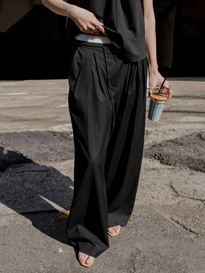 Inssense - Korean Women Fashion - #momslook - Pinstripe Double -Waist Pants - 2