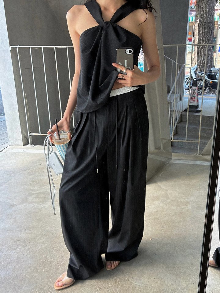 Inssense - Korean Women Fashion - #momslook - Pinstripe Double -Waist Pants - 4