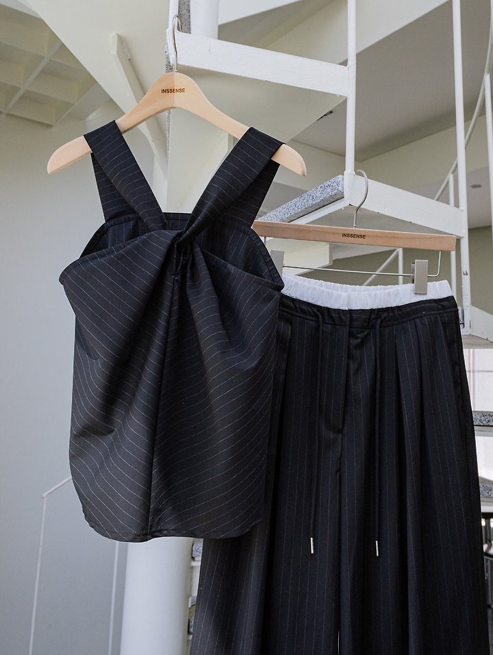 Inssense - Korean Women Fashion - #momslook - Pinstripe Knot Two Way Blouse - 2