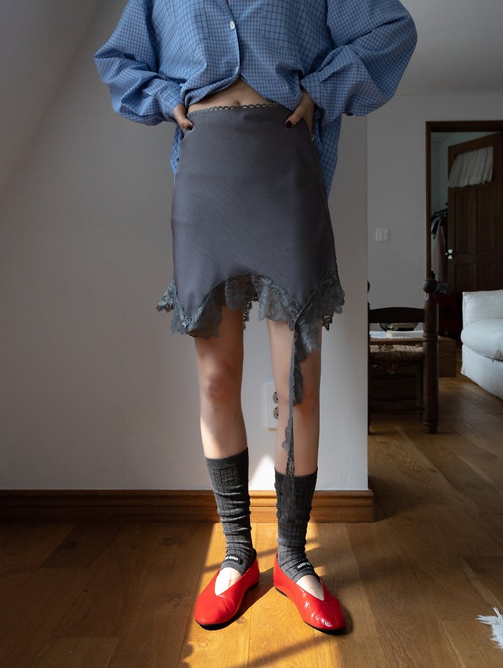 Inssense - Korean Women Fashion - #pursuepretty - Asymmetrical Drop Lace Silky Mini Skirt - 2