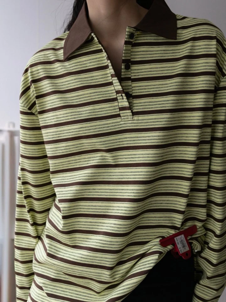 Inssense - Korean Women Fashion - #pursuepretty - Shirt Collar Vintage Striped Polo Tee - 9