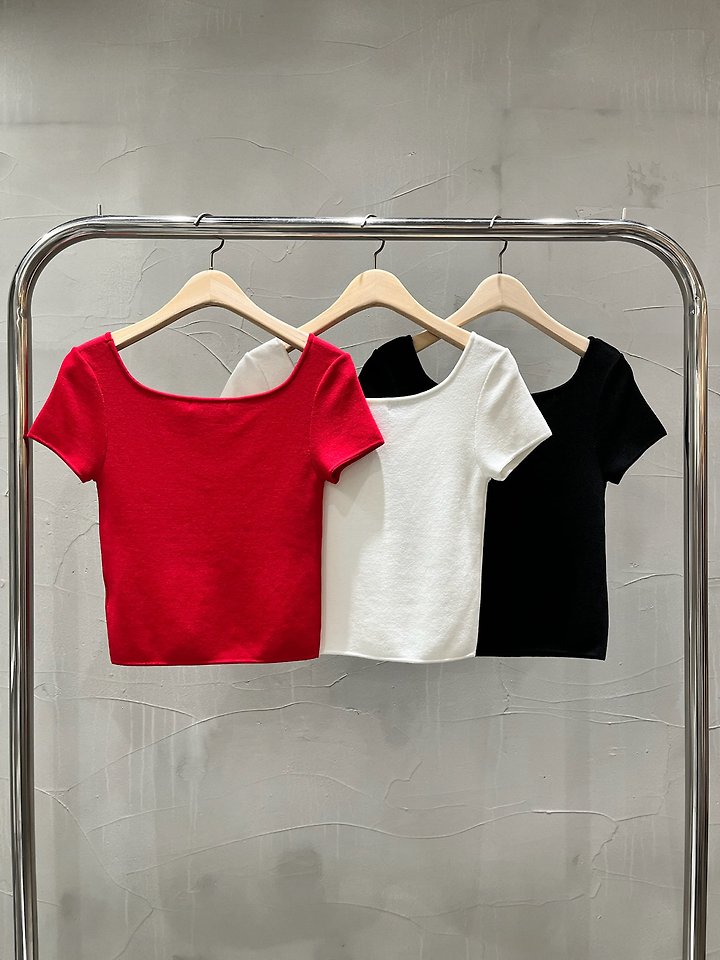 Inssense - Korean Women Fashion - #pursuepretty - Love Neck Slim Knit Short Sleeve Top - 9