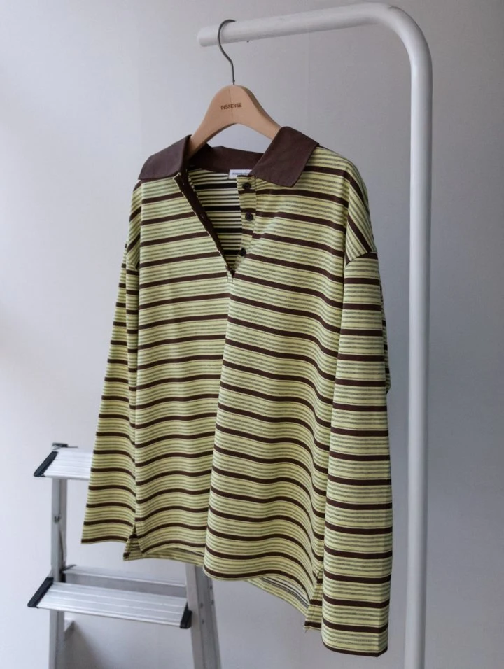 Inssense - Korean Women Fashion - #restrostyle - Shirt Collar Vintage Striped Polo Tee - 10